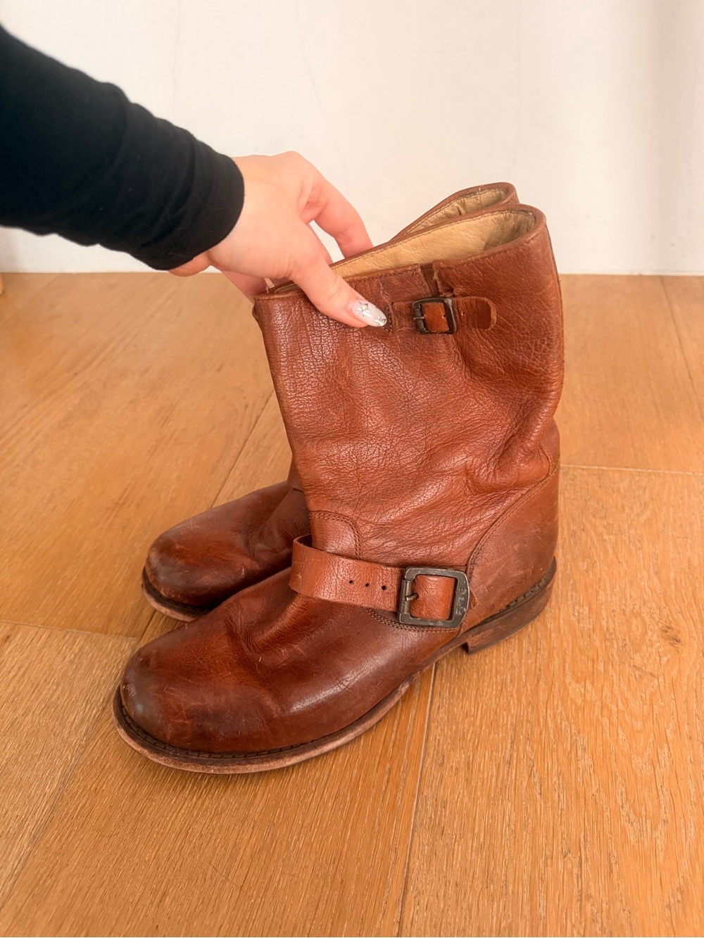 Frye Cognac Leather Shin-High Boots
